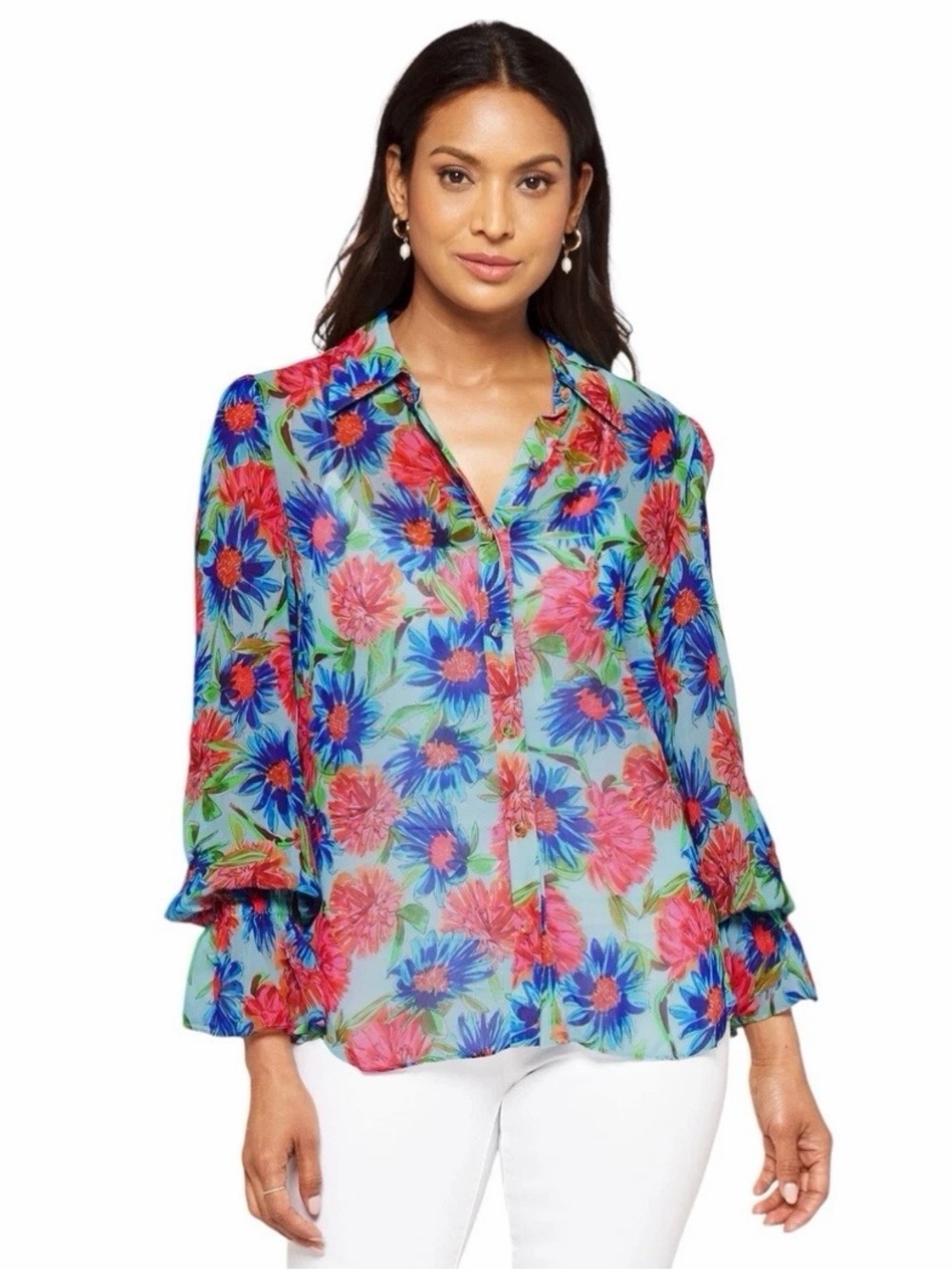 Milly Elysa Paint Chrysanthemum Floral Button Down Blouse Blue Red Shirt Sz M